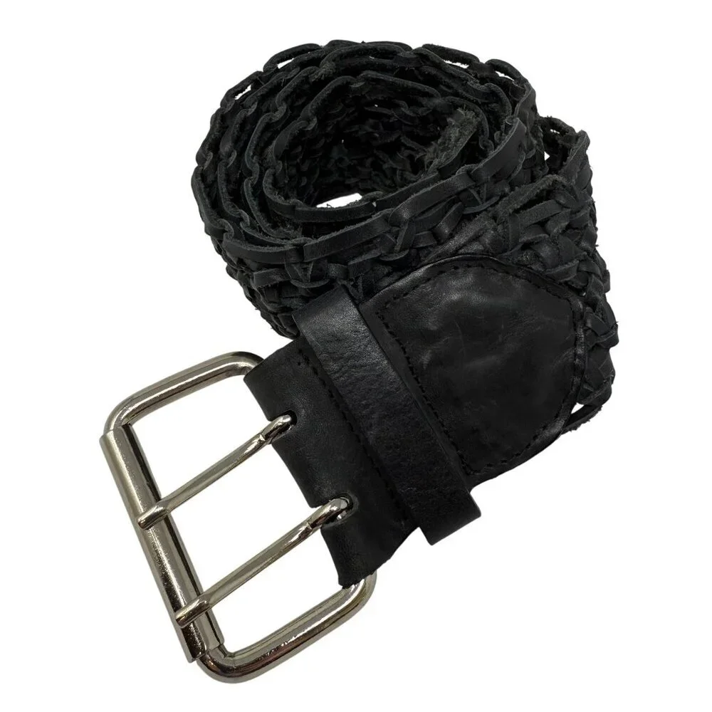 Mango MNG Braided Black Leather Statement Belt Silver Buckle Wide Woven
